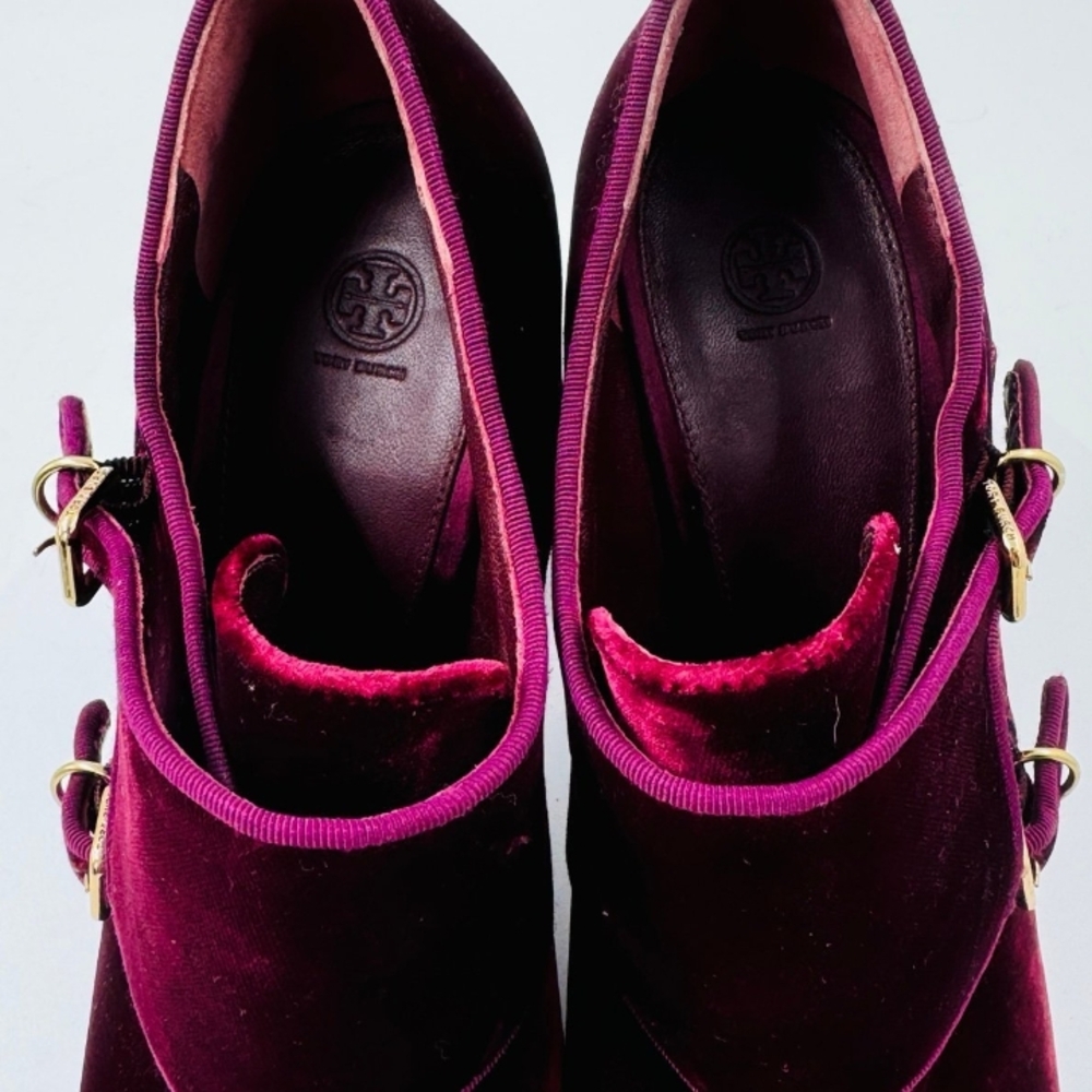 Tory Burch Burgundy Velvet Double Monk Strap Heels Size 11 Block Heel Luxe - Picture 5 of 6